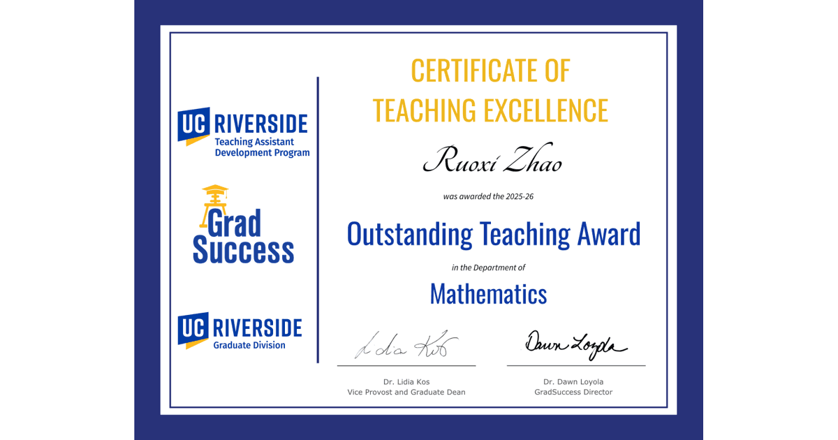 Certificate for Outstanding Teaching Assistant Award · Graduate Division (TADP)